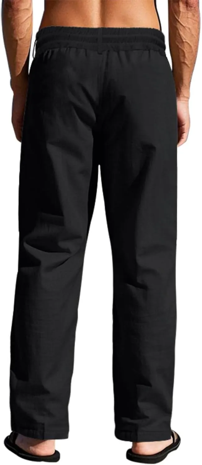 Linen Pants Men Drawstring Casual Loose Fit Summer Beach Outfit Lightweight Straight Leg Trousers Moisture Wicking Plain
