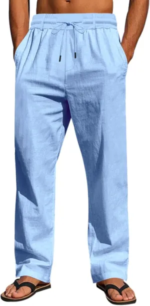 Linen Pants Men Drawstring Casual Loose Fit Summer Beach Outfit Lightweight Straight Leg Trousers Moisture Wicking Plain