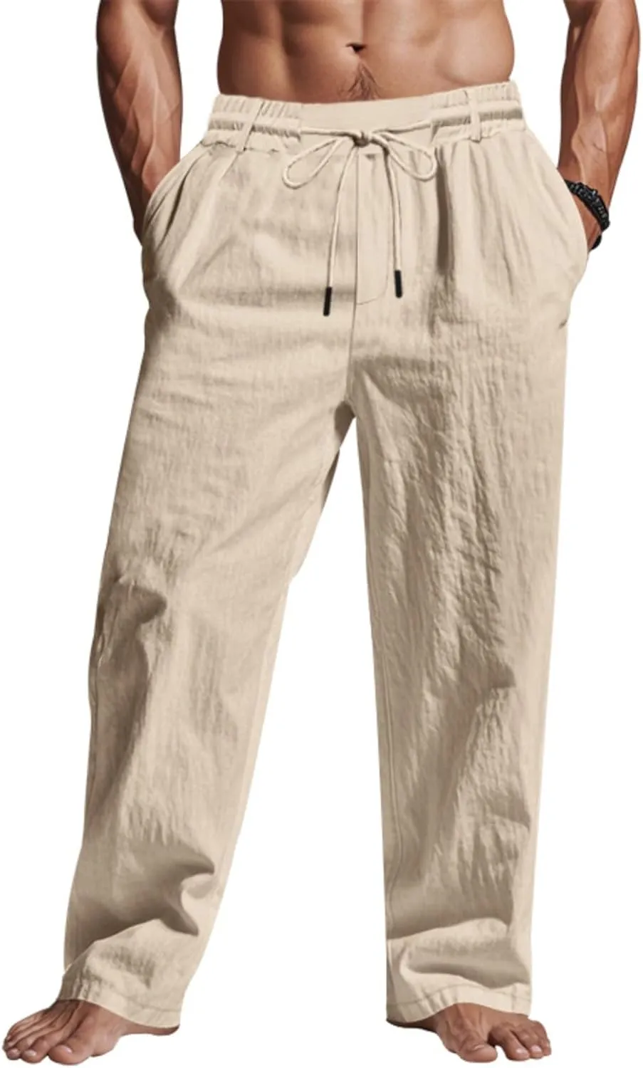 Linen Pants Men Drawstring Casual Loose Fit Summer Beach Outfit Lightweight Straight Leg Trousers Moisture Wicking Plain