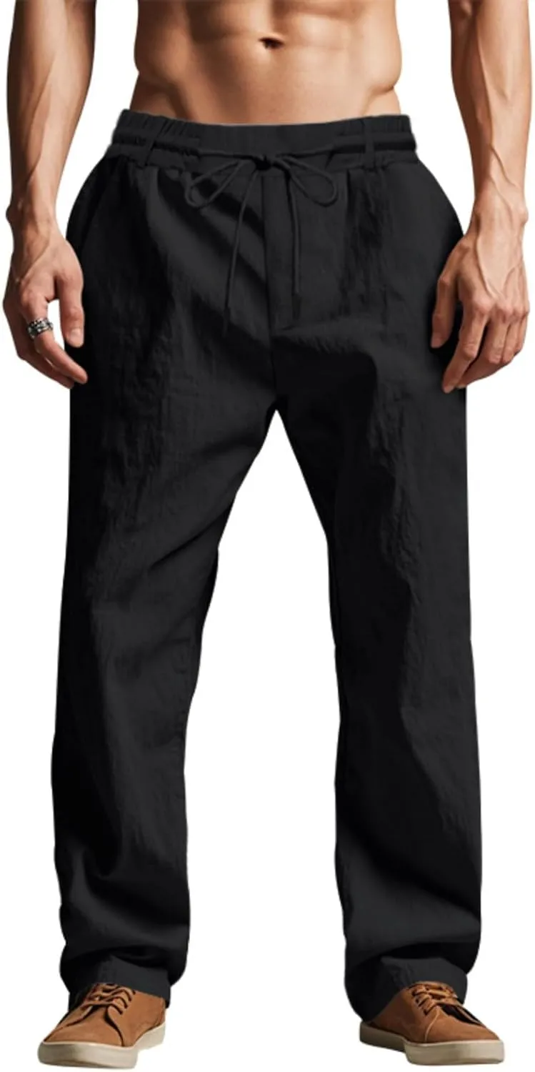 Linen Pants Men Drawstring Casual Loose Fit Summer Beach Outfit Lightweight Straight Leg Trousers Moisture Wicking Plain