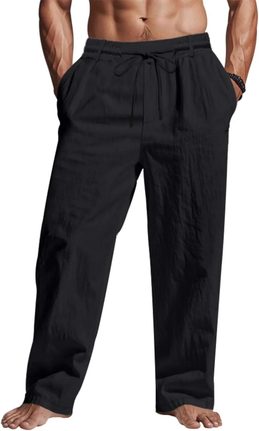 Linen Pants Men Drawstring Casual Loose Fit Summer Beach Outfit Lightweight Straight Leg Trousers Moisture Wicking Plain