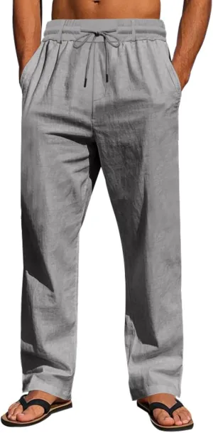 Linen Pants Men Drawstring Casual Loose Fit Summer Beach Outfit Lightweight Straight Leg Trousers Moisture Wicking Plain