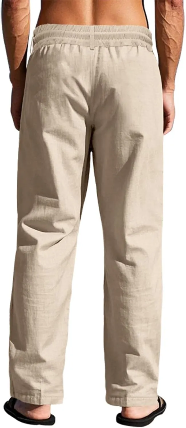 Linen Pants Men Drawstring Casual Loose Fit Summer Beach Outfit Lightweight Straight Leg Trousers Moisture Wicking Plain