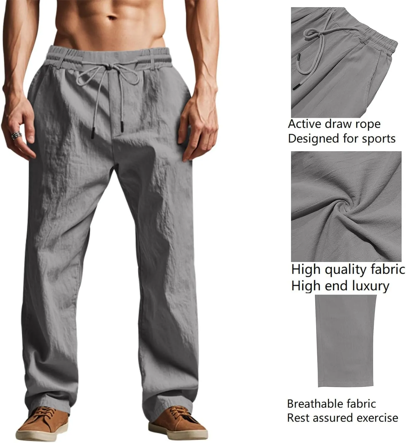 Linen Pants Men Drawstring Casual Loose Fit Summer Beach Outfit Lightweight Straight Leg Trousers Moisture Wicking Plain