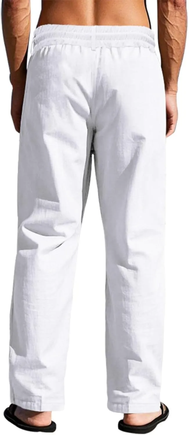 Linen Pants Men Drawstring Casual Loose Fit Summer Beach Outfit Lightweight Straight Leg Trousers Moisture Wicking Plain