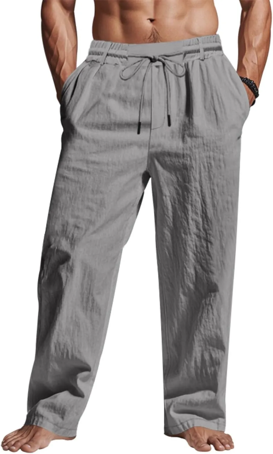 Linen Pants Men Drawstring Casual Loose Fit Summer Beach Outfit Lightweight Straight Leg Trousers Moisture Wicking Plain