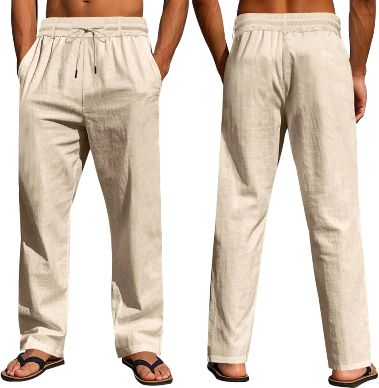 Linen Pants Men Drawstring Casual Loose Fit Summer Beach Outfit Lightweight Straight Leg Trousers Moisture Wicking Plain