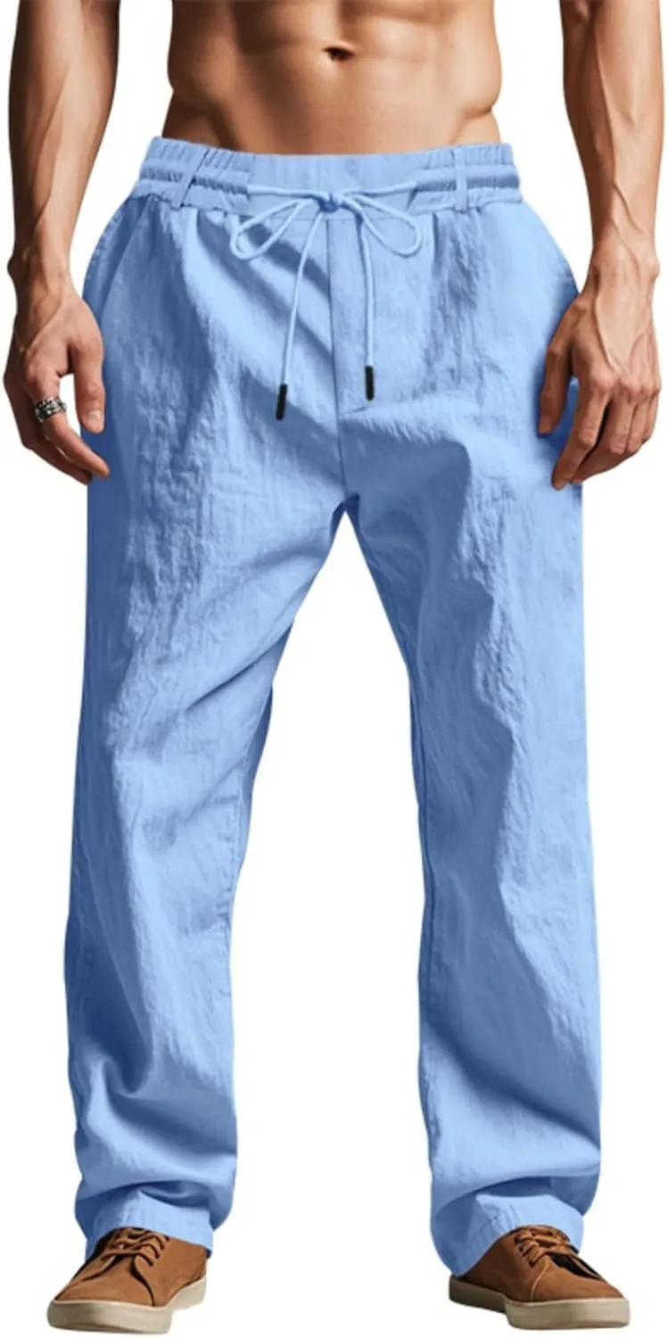 Linen Pants Men Drawstring Casual Loose Fit Summer Beach Outfit Lightweight Straight Leg Trousers Moisture Wicking Plain