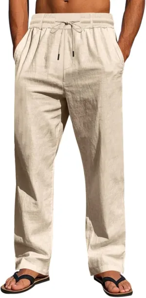 Linen Pants Men Drawstring Casual Loose Fit Summer Beach Outfit Lightweight Straight Leg Trousers Moisture Wicking Plain