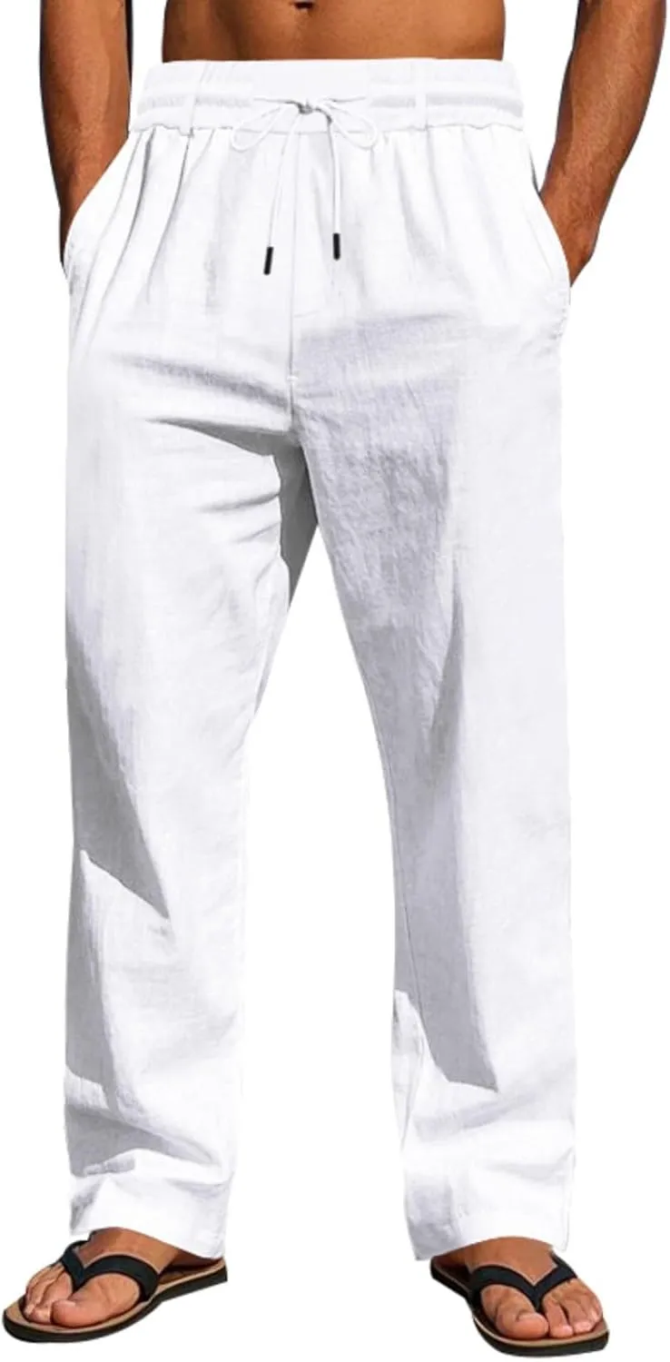 Linen Pants Men Drawstring Casual Loose Fit Summer Beach Outfit Lightweight Straight Leg Trousers Moisture Wicking Plain