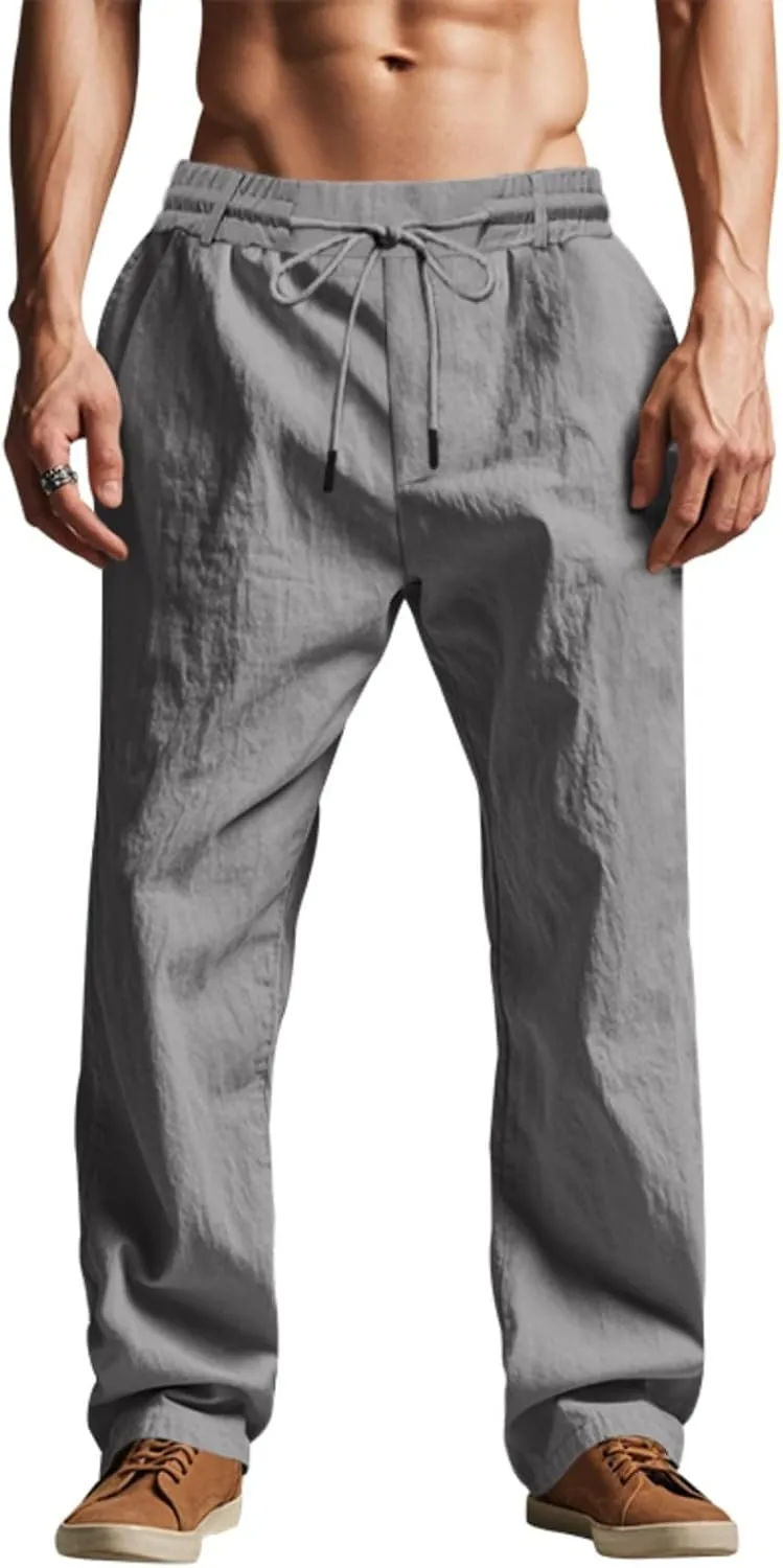 Linen Pants Men Drawstring Casual Loose Fit Summer Beach Outfit Lightweight Straight Leg Trousers Moisture Wicking Plain