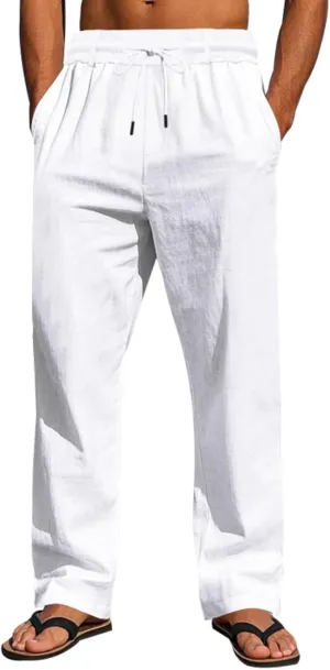 Linen Pants Men Drawstring Casual Loose Fit Summer Beach Outfit Lightweight Straight Leg Trousers Moisture Wicking Plain