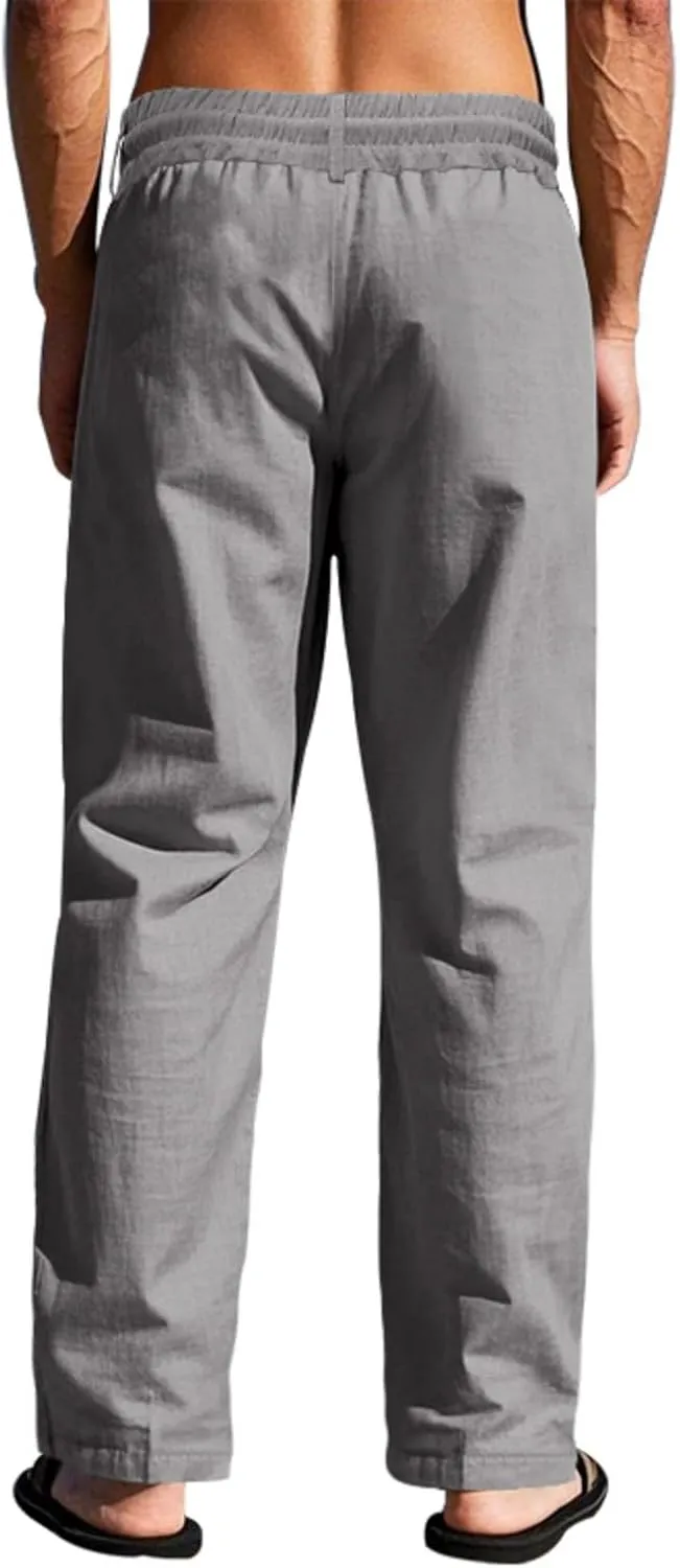 Linen Pants Men Drawstring Casual Loose Fit Summer Beach Outfit Lightweight Straight Leg Trousers Moisture Wicking Plain