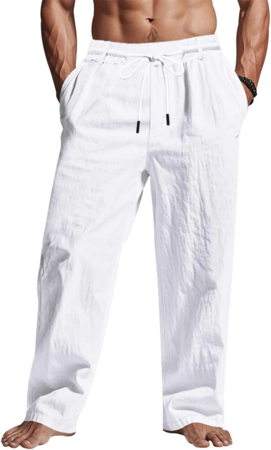 Linen Pants Men Drawstring Casual Loose Fit Summer Beach Outfit Lightweight Straight Leg Trousers Moisture Wicking Plain