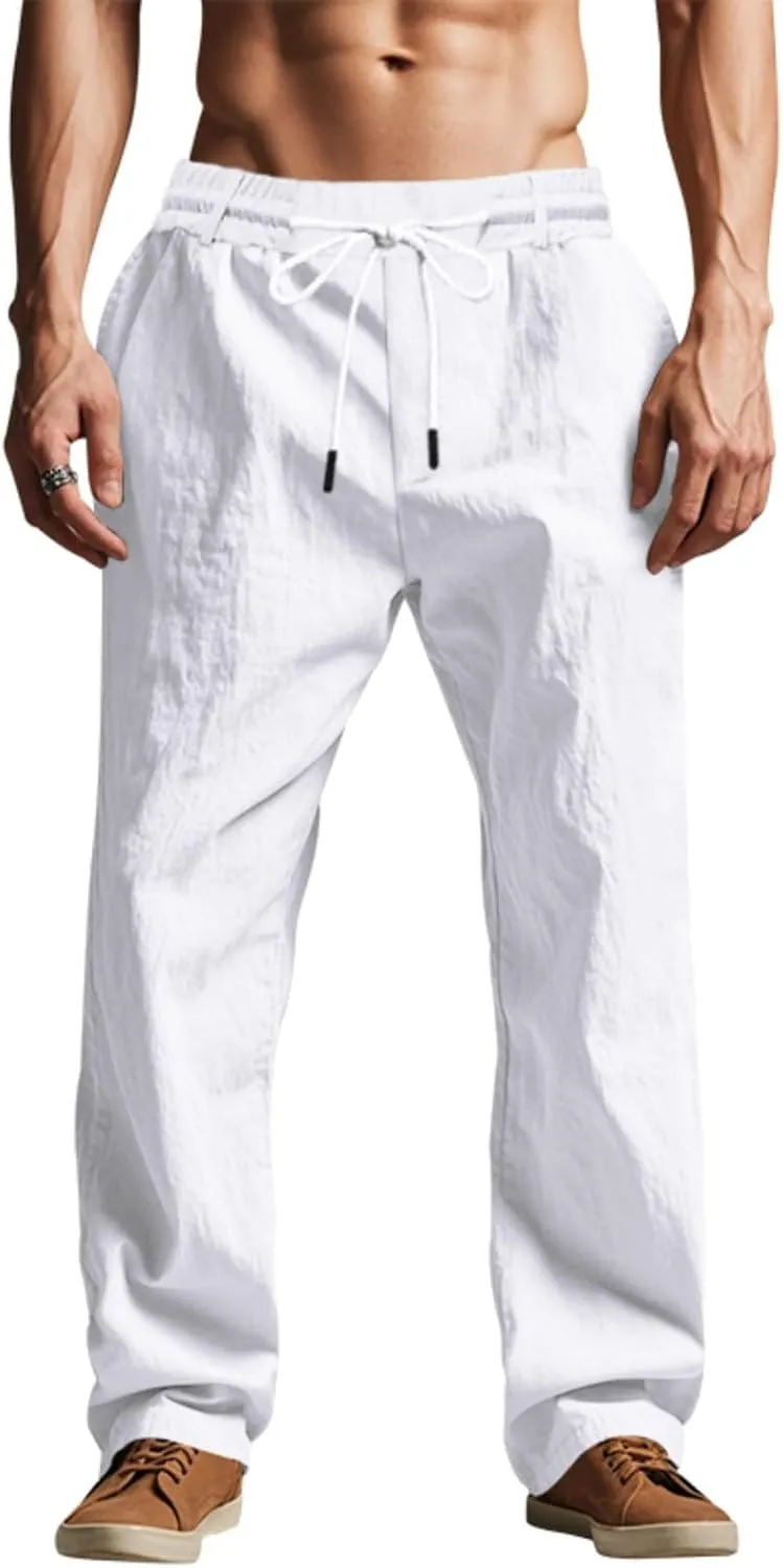 Linen Pants Men Drawstring Casual Loose Fit Summer Beach Outfit Lightweight Straight Leg Trousers Moisture Wicking Plain