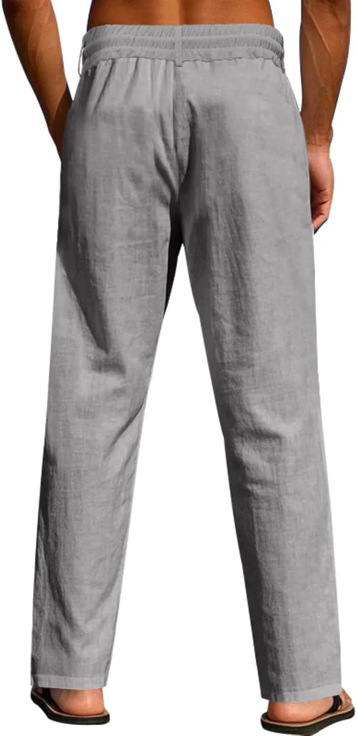 Linen Pants Men Drawstring Casual Loose Fit Summer Beach Outfit Lightweight Straight Leg Trousers Moisture Wicking Plain