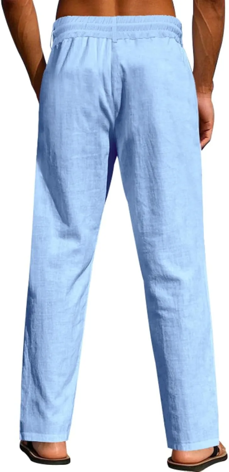 Linen Pants Men Drawstring Casual Loose Fit Summer Beach Outfit Lightweight Straight Leg Trousers Moisture Wicking Plain