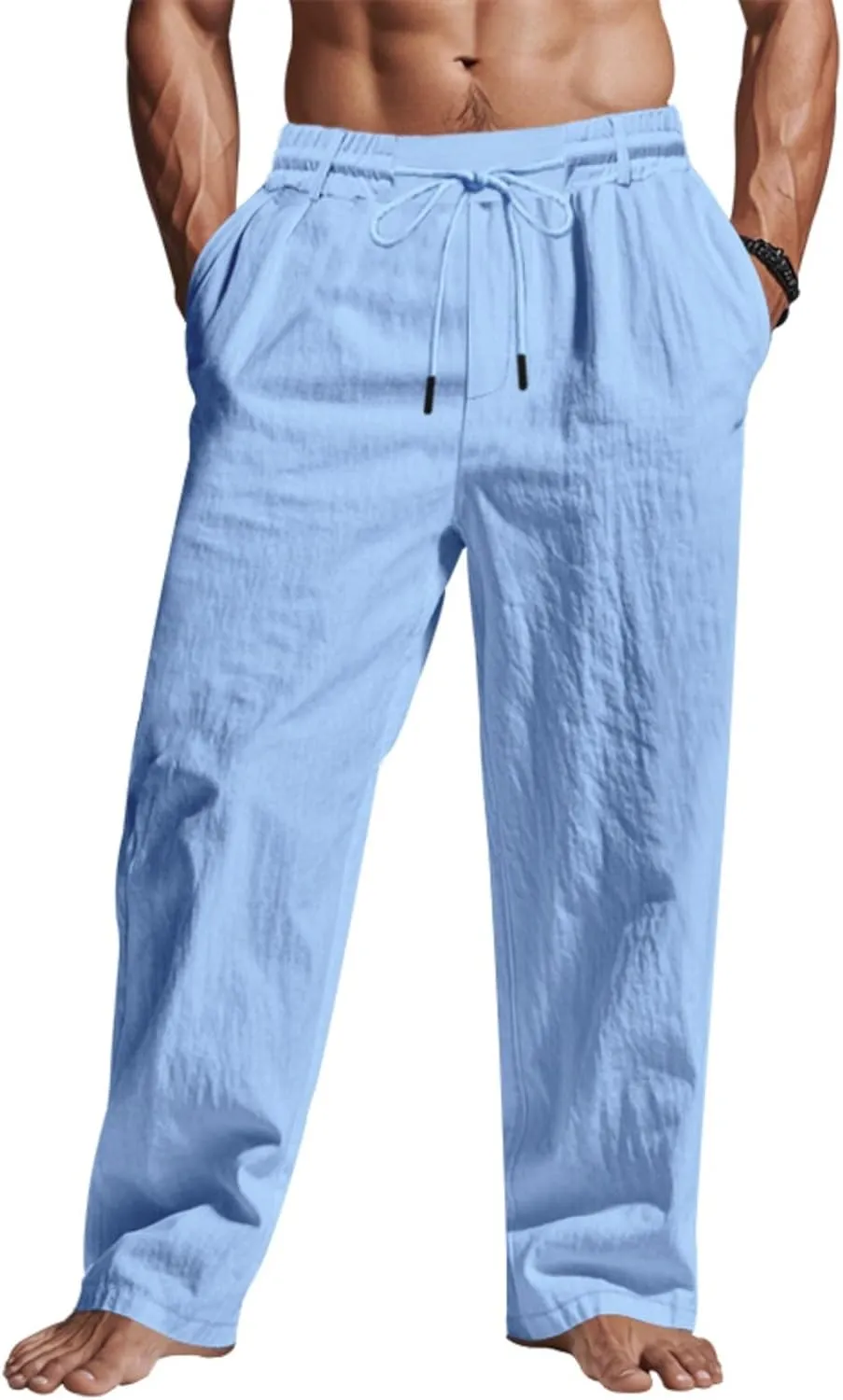 Linen Pants Men Drawstring Casual Loose Fit Summer Beach Outfit Lightweight Straight Leg Trousers Moisture Wicking Plain