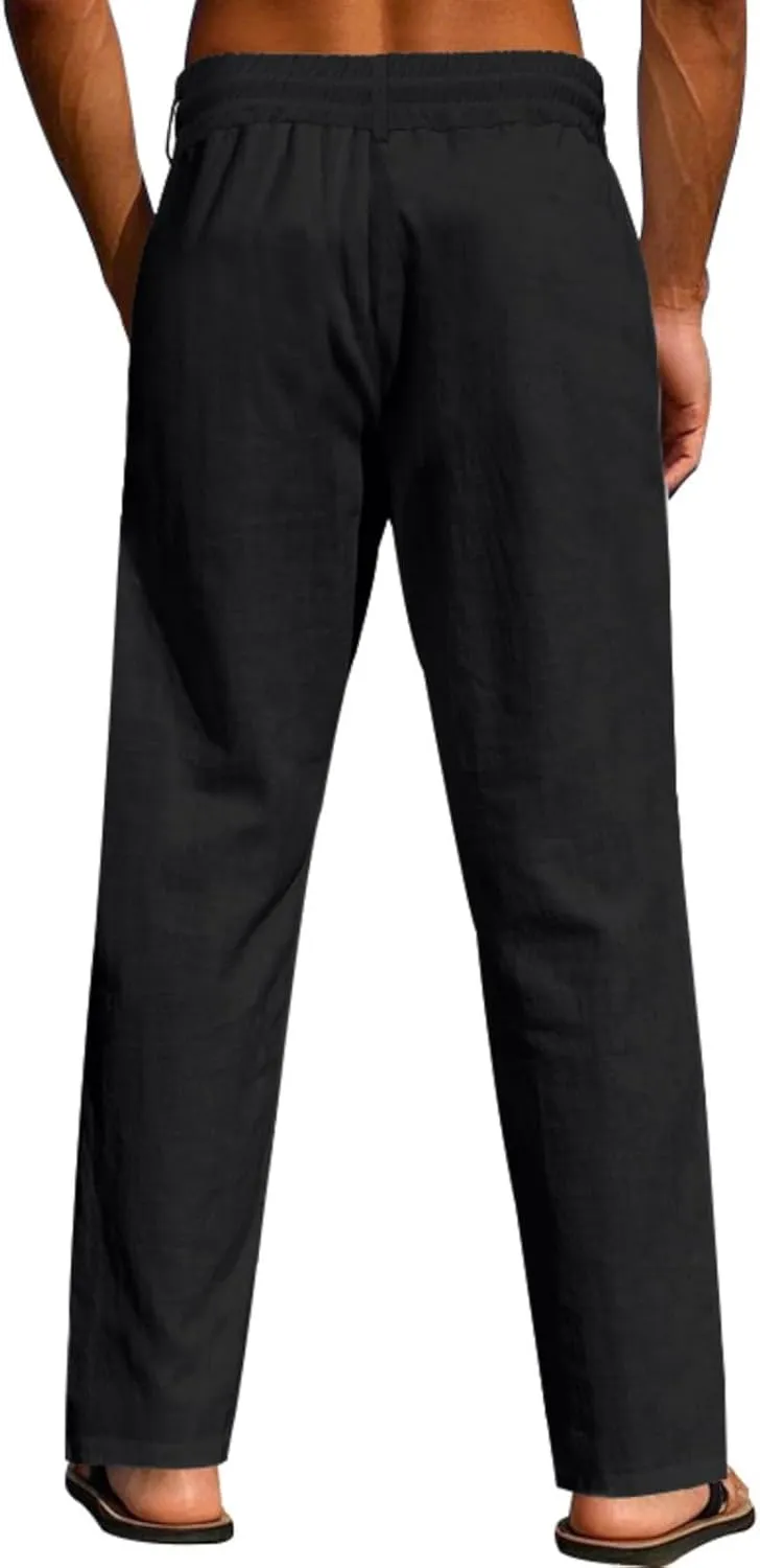 Linen Pants Men Drawstring Casual Loose Fit Summer Beach Outfit Lightweight Straight Leg Trousers Moisture Wicking Plain