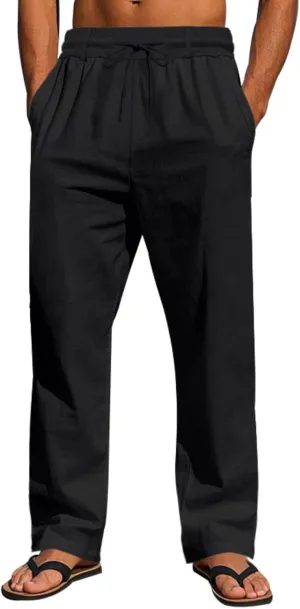 Linen Pants Men Drawstring Casual Loose Fit Summer Beach Outfit Lightweight Straight Leg Trousers Moisture Wicking Plain