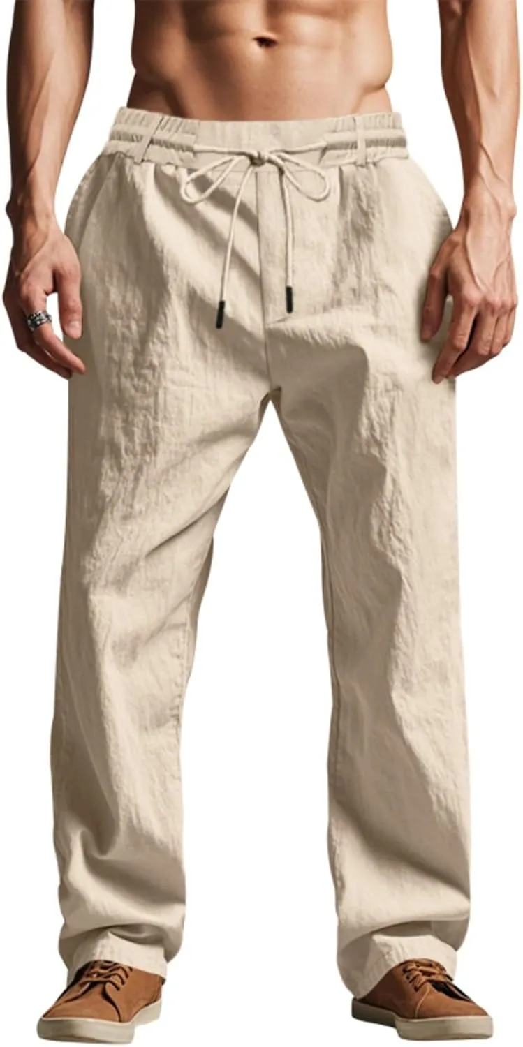 Linen Pants Men Drawstring Casual Loose Fit Summer Beach Outfit Lightweight Straight Leg Trousers Moisture Wicking Plain