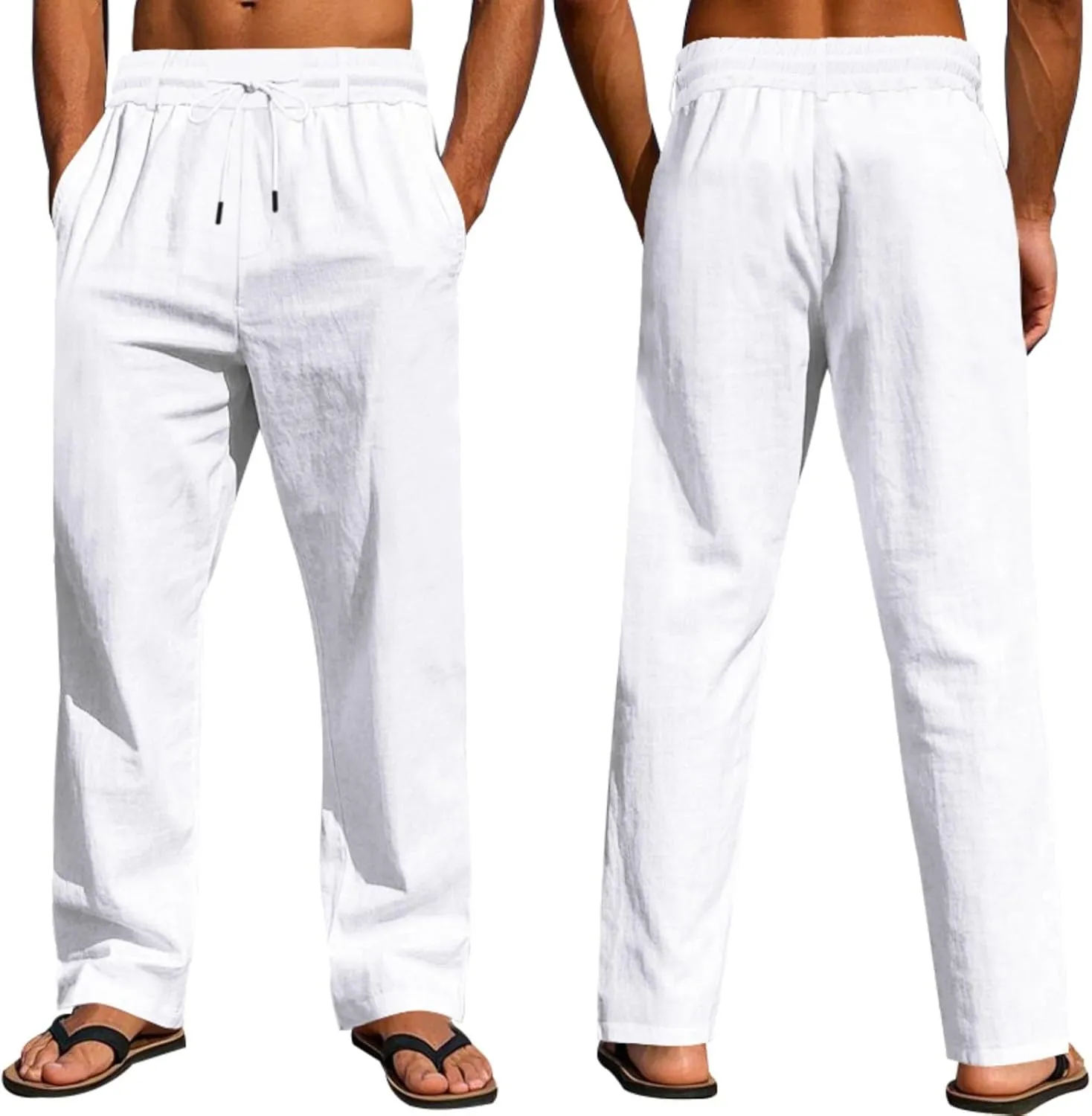 Linen Pants Men Drawstring Casual Loose Fit Summer Beach Outfit Lightweight Straight Leg Trousers Moisture Wicking Plain