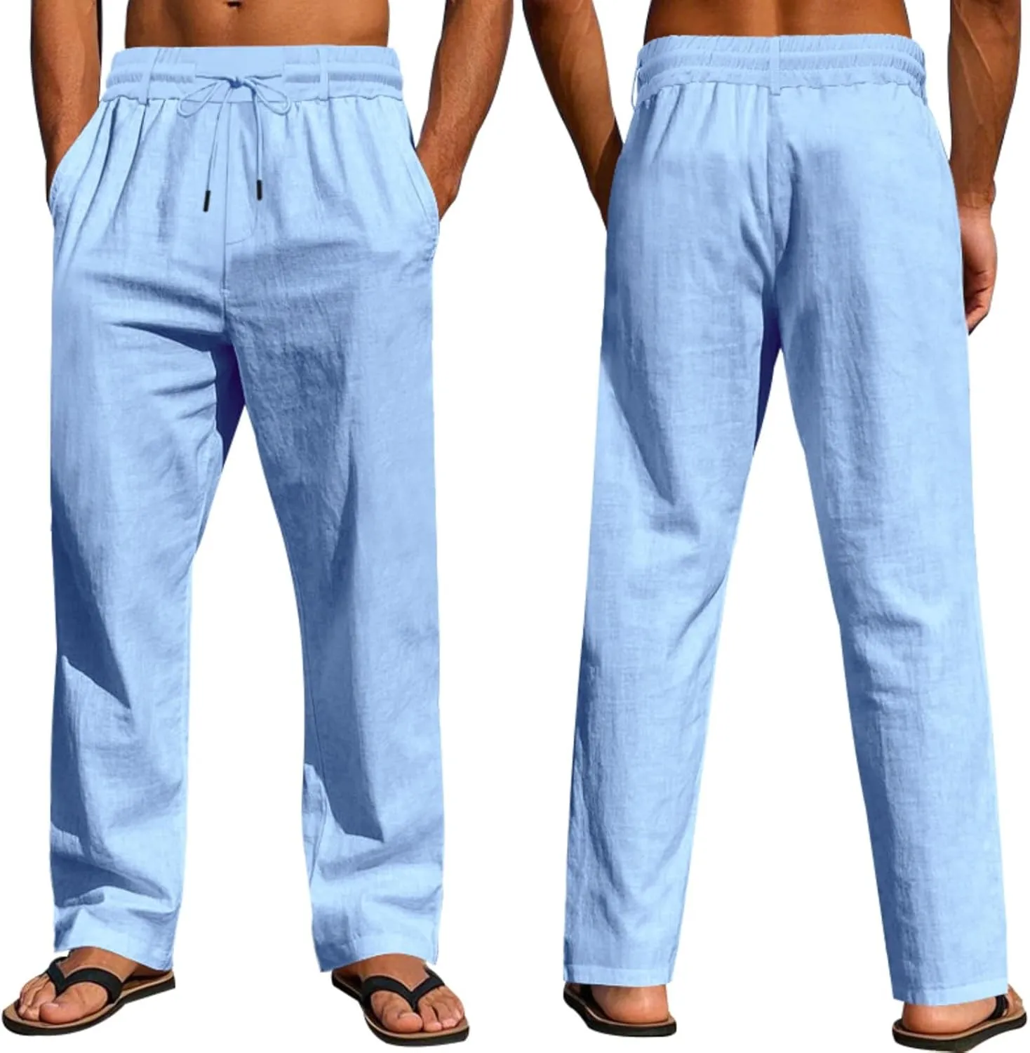 Linen Pants Men Drawstring Casual Loose Fit Summer Beach Outfit Lightweight Straight Leg Trousers Moisture Wicking Plain