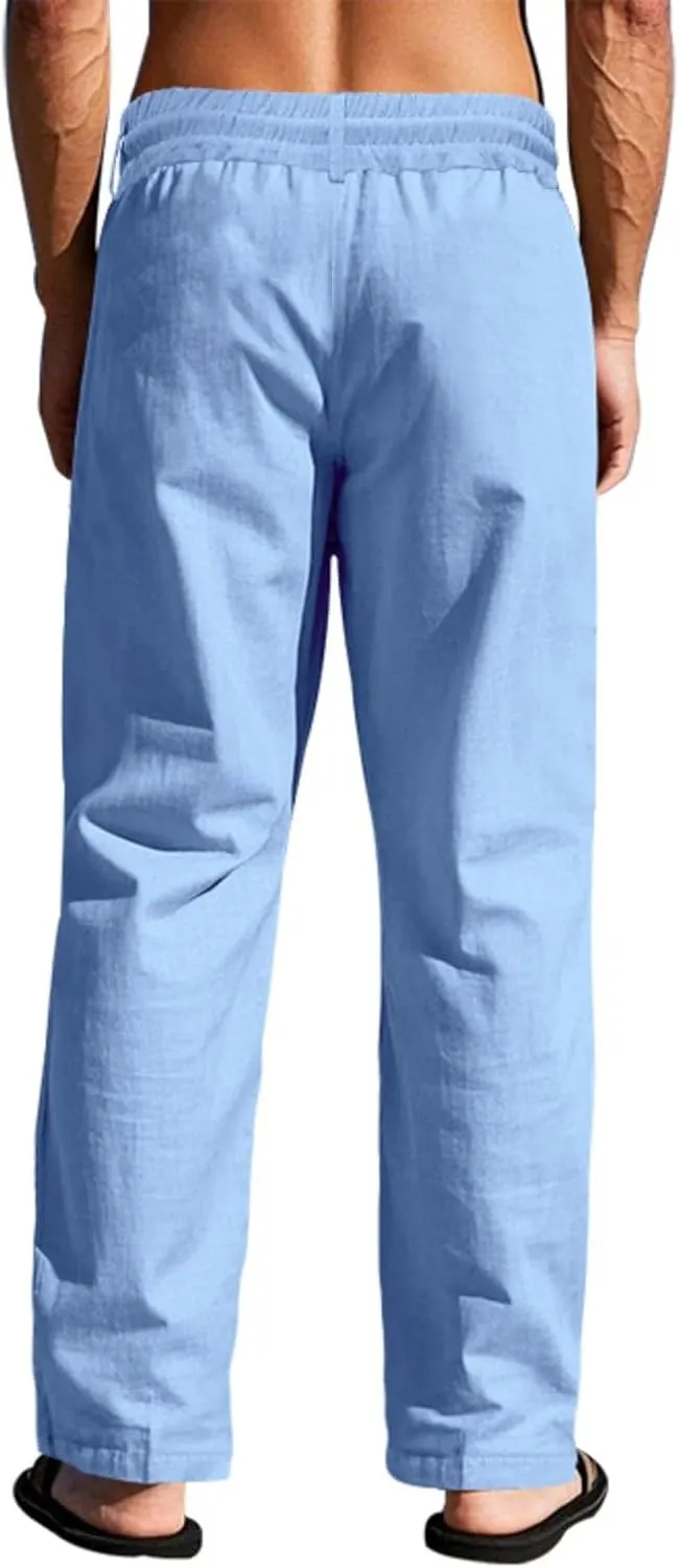 Linen Pants Men Drawstring Casual Loose Fit Summer Beach Outfit Lightweight Straight Leg Trousers Moisture Wicking Plain