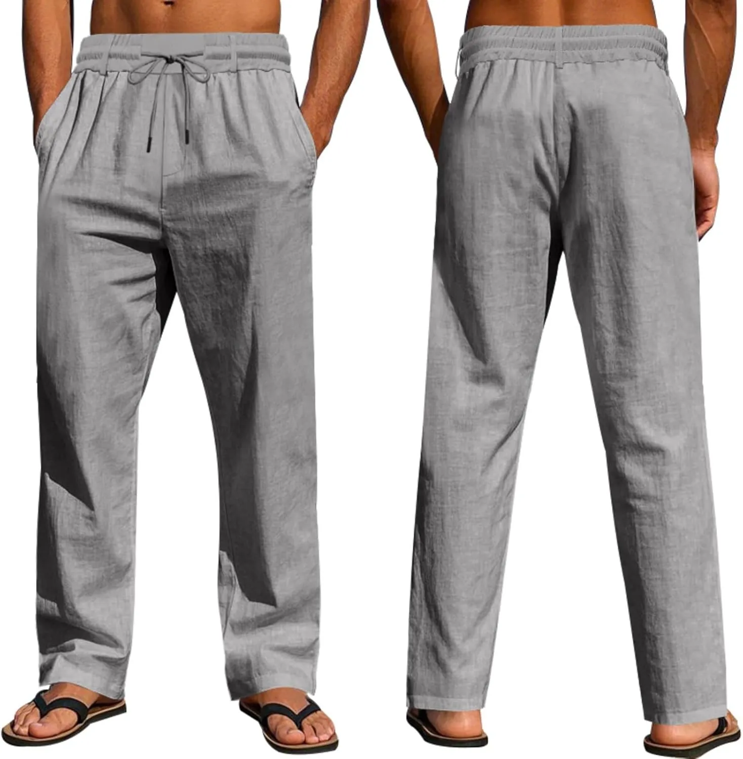 Linen Pants Men Drawstring Casual Loose Fit Summer Beach Outfit Lightweight Straight Leg Trousers Moisture Wicking Plain