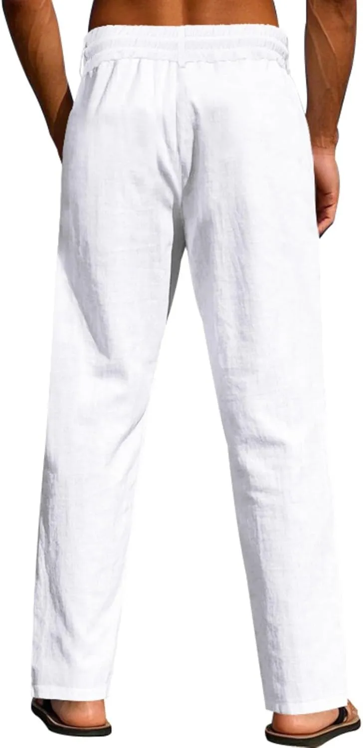 Linen Pants Men Drawstring Casual Loose Fit Summer Beach Outfit Lightweight Straight Leg Trousers Moisture Wicking Plain
