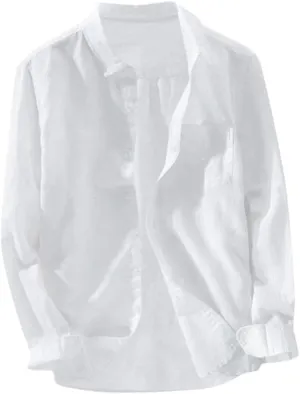 Linen Shirts for Men Long Sleeve Casual Button Down Loose Fit Fall T-Shirts Big and Tall Classic Beach Party Tops White