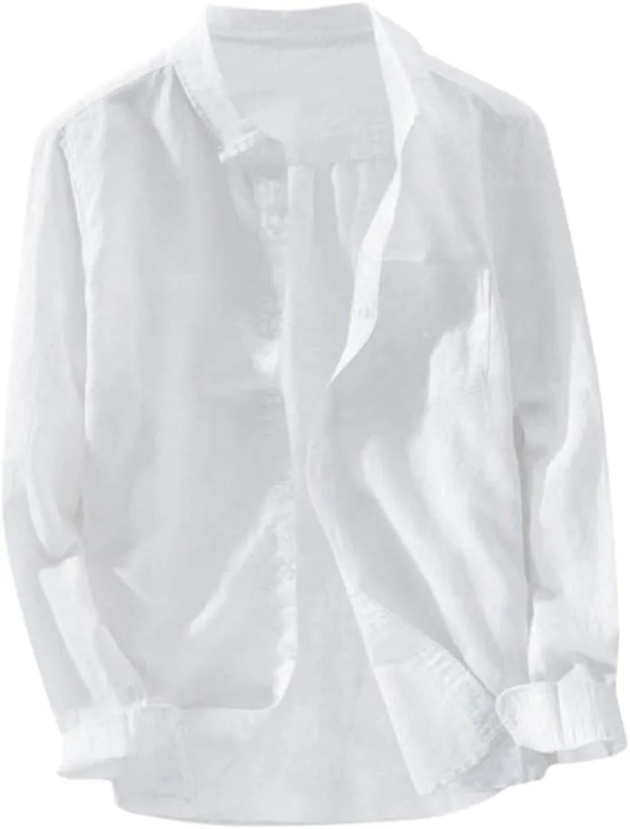 Linen Shirts for Men Long Sleeve Casual Button Down Loose Fit Fall T-Shirts Big and Tall Classic Beach Party Tops White