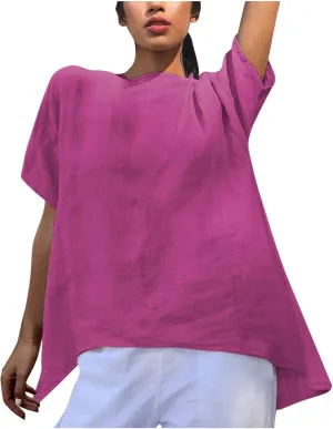 Linen Shirts for Women Summer Short Sleeve Tops Dressy Casual Blouse Irregular Hi-Low Hem Tunic Tees Fashion Clothes