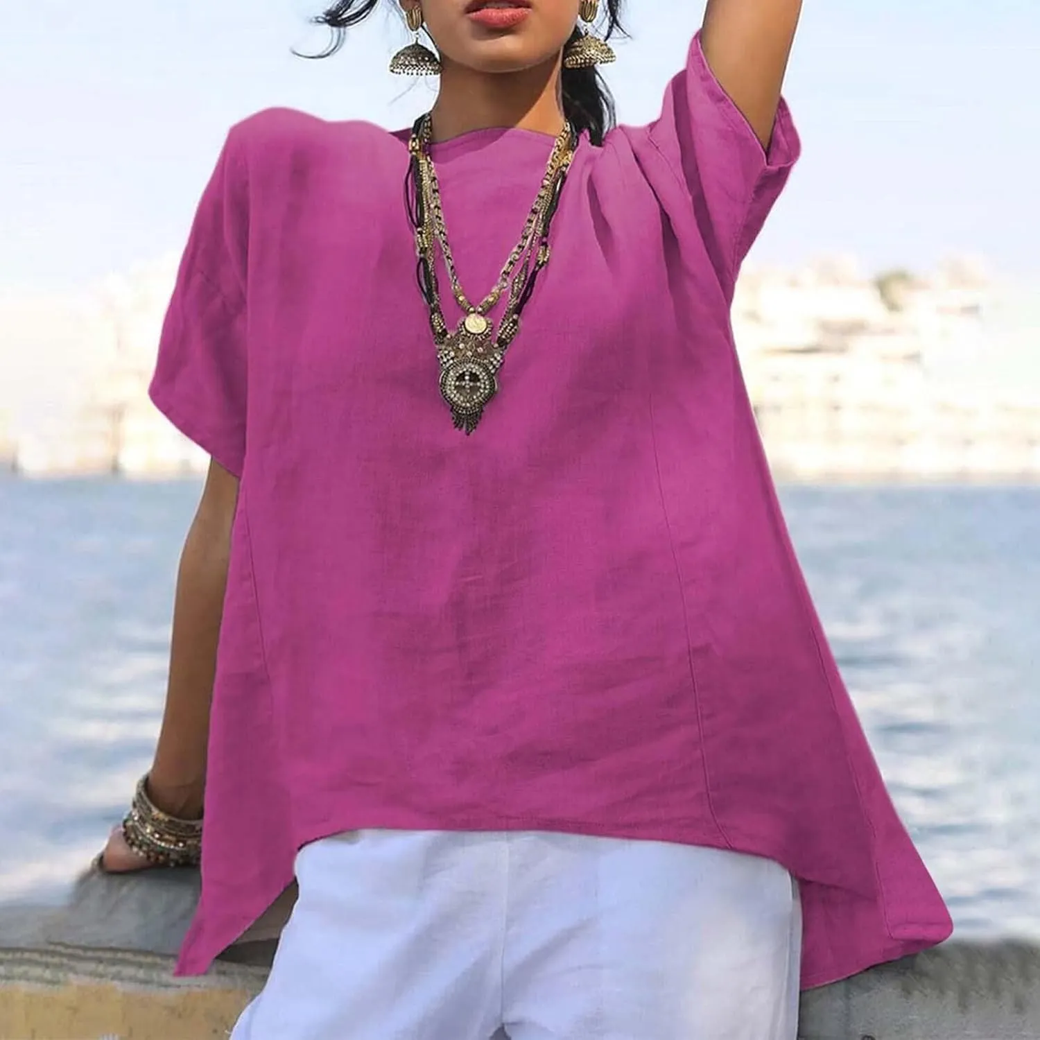 Linen Shirts for Women Summer Short Sleeve Tops Dressy Casual Blouse Irregular Hi-Low Hem Tunic Tees Fashion Clothes