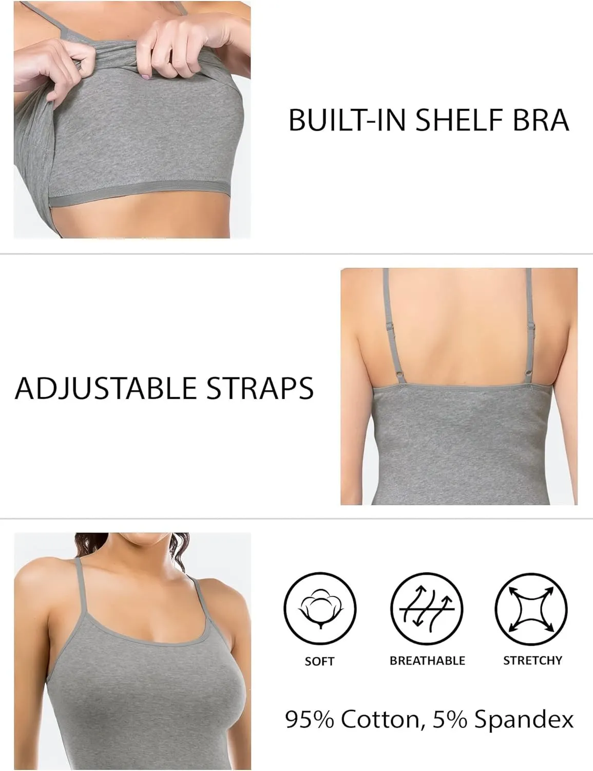 Long Cotton Camisole Tank Top with Built in Bra for Women Basic Cami with Shelf Bra Tank Tops Undershirt