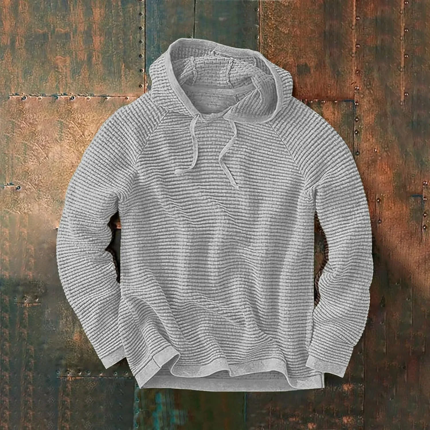 Long Sleeve Waffle Knit Pullover Hoodies for Men Lightweight Workout Drawstring Hooded Sweatshirts with Pocket