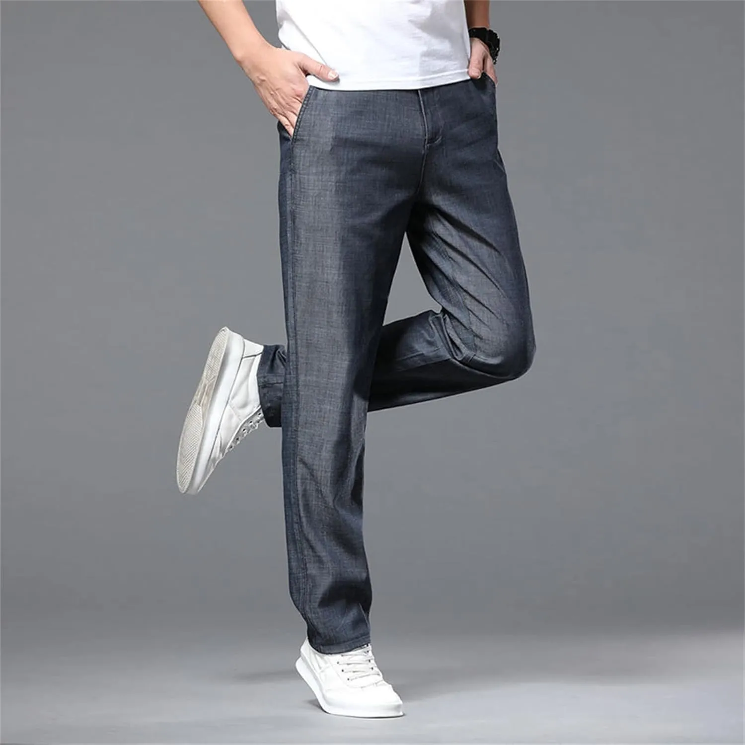 Maiyifu-GJ Men's Straight Fit Stretch Jeans Lightweight Soft Comfort Denim Jeans Solid Color Casual Straight Leg Jean Pants