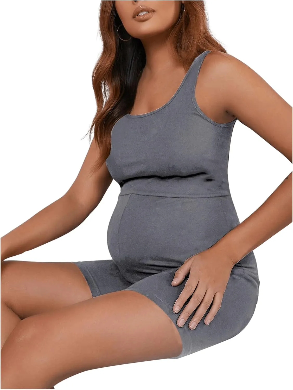 MakeMeChic Women's Maternity Scoop Neck Tank Romper Summer Shorts Jumpsuit