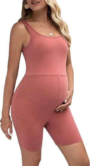 MakeMeChic Women's Maternity Scoop Neck Tank Romper Summer Shorts Jumpsuit