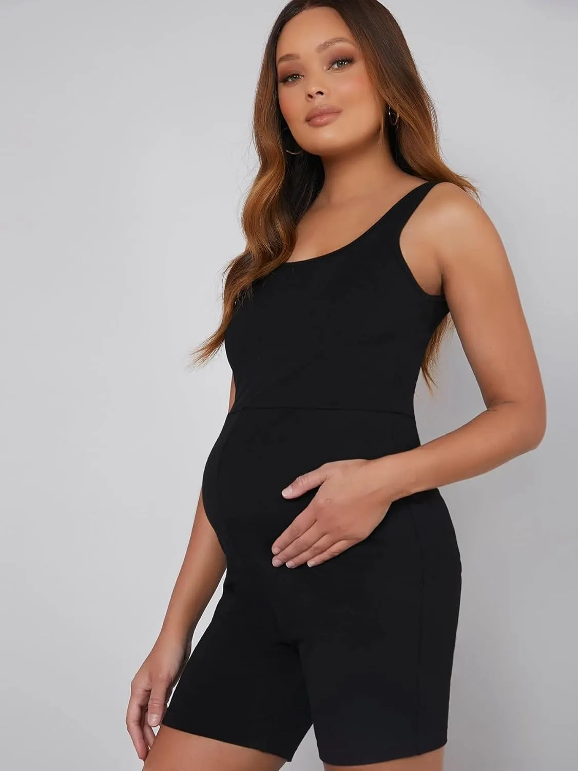 MakeMeChic Women's Maternity Scoop Neck Tank Romper Summer Shorts Jumpsuit