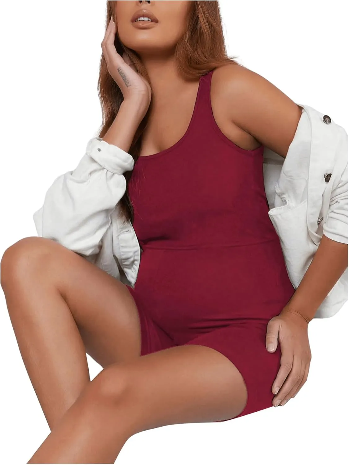 MakeMeChic Women's Maternity Scoop Neck Tank Romper Summer Shorts Jumpsuit