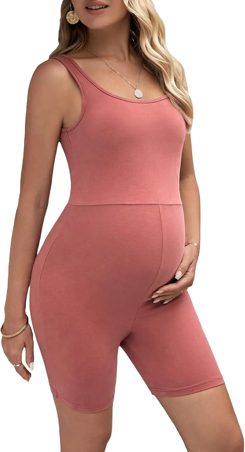 MakeMeChic Women's Maternity Scoop Neck Tank Romper Summer Shorts Jumpsuit