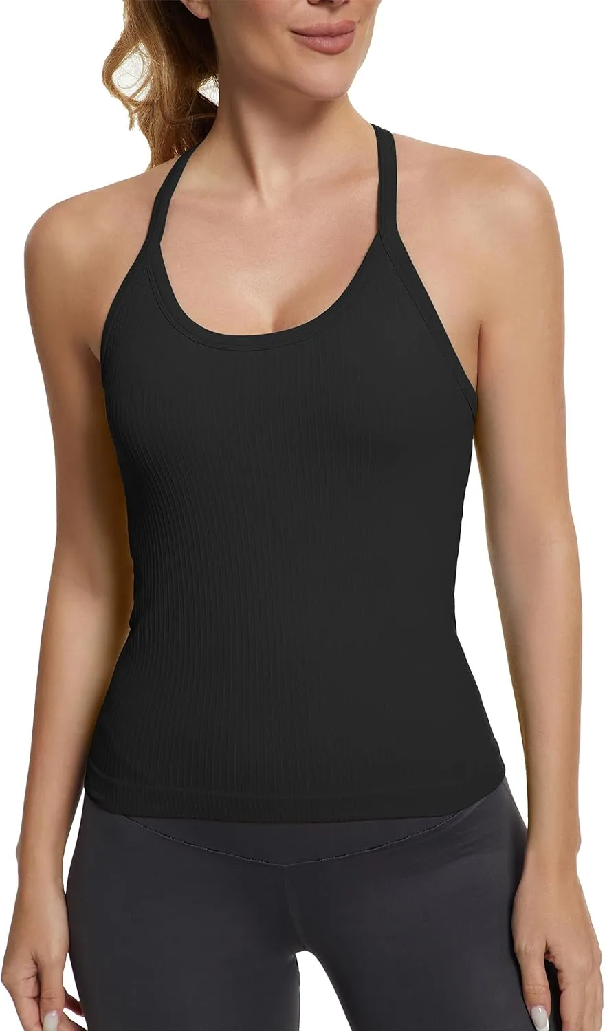 MathCat Seamless Workout Tank Tops with Built in Bra，Racerback Athletic Tank Tops Ribbed Soft Yoga Shirts