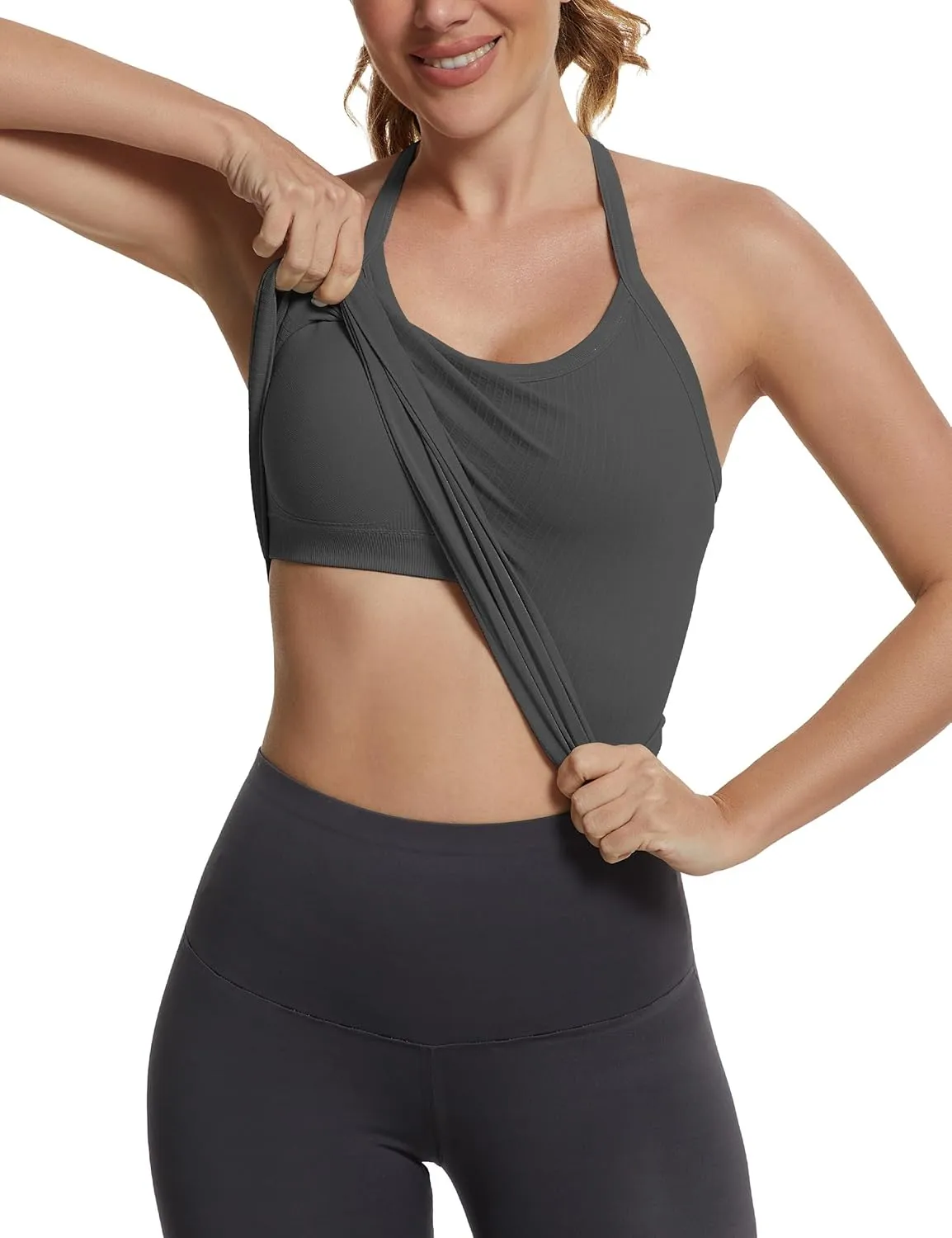 MathCat Seamless Workout Tank Tops with Built in Bra，Racerback Athletic Tank Tops Ribbed Soft Yoga Shirts