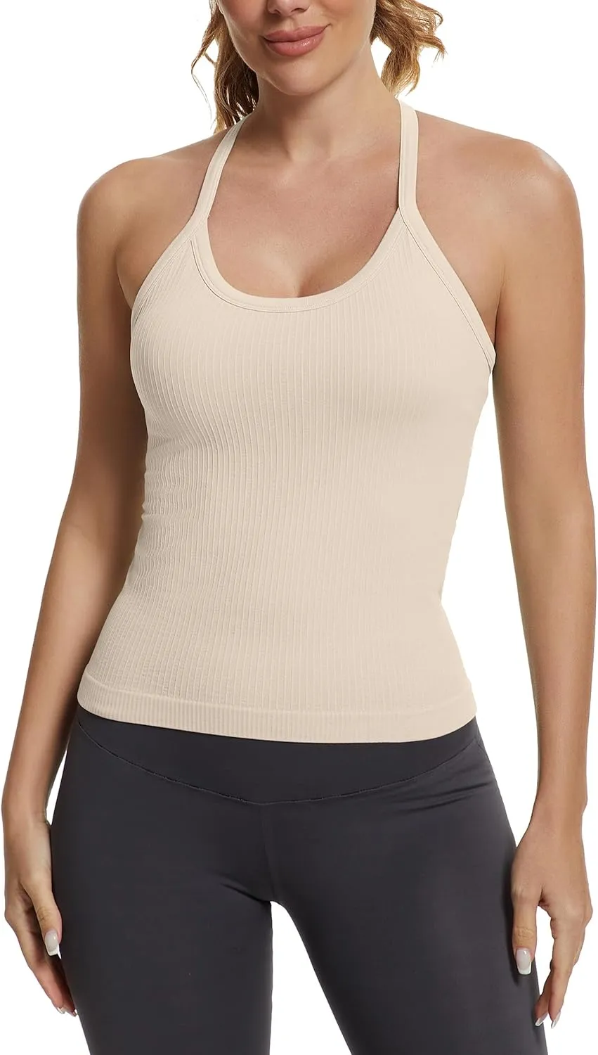 MathCat Seamless Workout Tank Tops with Built in Bra，Racerback Athletic Tank Tops Ribbed Soft Yoga Shirts