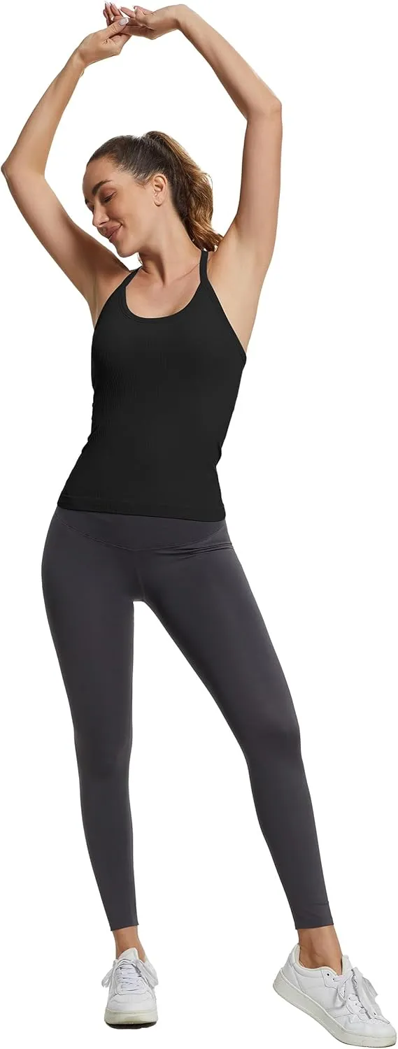 MathCat Seamless Workout Tank Tops with Built in Bra，Racerback Athletic Tank Tops Ribbed Soft Yoga Shirts
