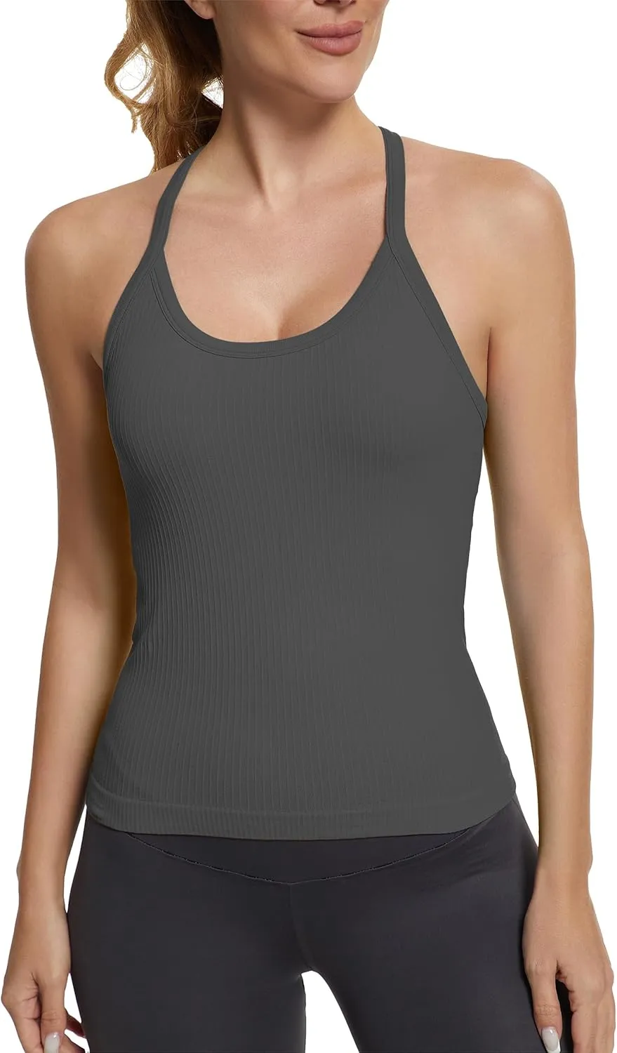 MathCat Seamless Workout Tank Tops with Built in Bra，Racerback Athletic Tank Tops Ribbed Soft Yoga Shirts