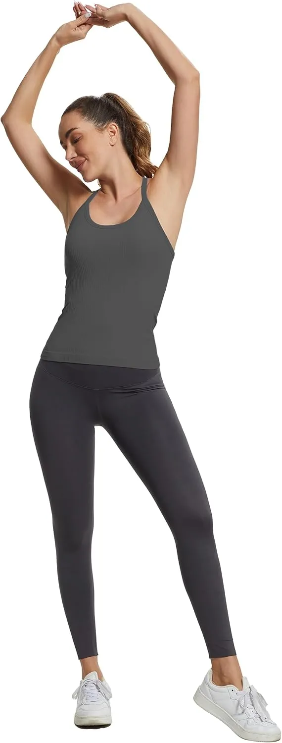 MathCat Seamless Workout Tank Tops with Built in Bra，Racerback Athletic Tank Tops Ribbed Soft Yoga Shirts