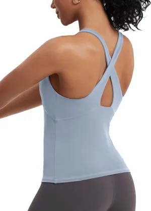 MathCat Womens Cross Back Workout Tank Tops-with Built in Bra, High Neck Athletic Yoga Gym Tank Tops Greyblue