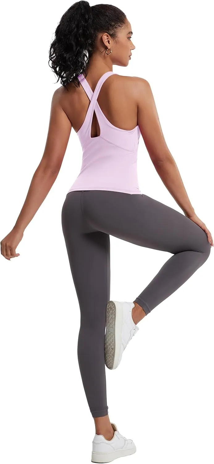 MathCat Womens Cross Back Workout Tank Tops-with Built in Bra, High Neck Athletic Yoga Gym Tank Tops